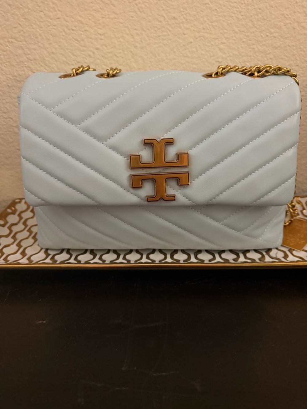 Source Unknown Light Blue Quilted Shoulder Bag with Gold Hardware